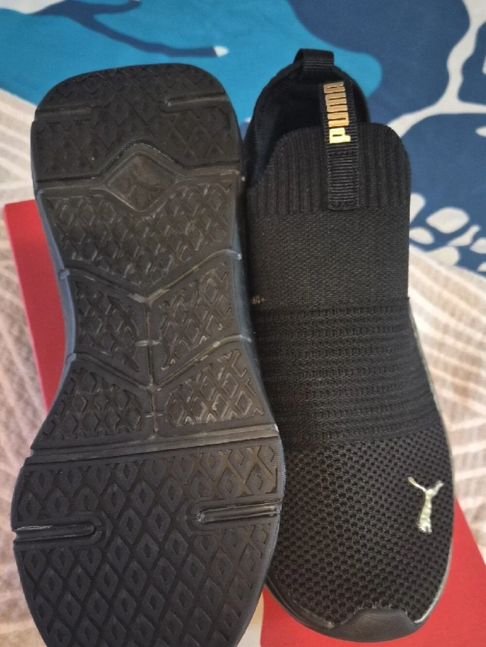 Puma Men’s Black Slip-On Knit Sneakers with Gold Trim